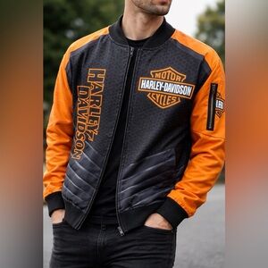 🔥 Harley Style Black & Orange Racing Jacket –  XL Bold Biker Streetwear 🔥